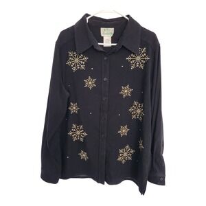 The Quaker Factory Womens Large Black Christmas Snowflake Button Down‎ Shirt